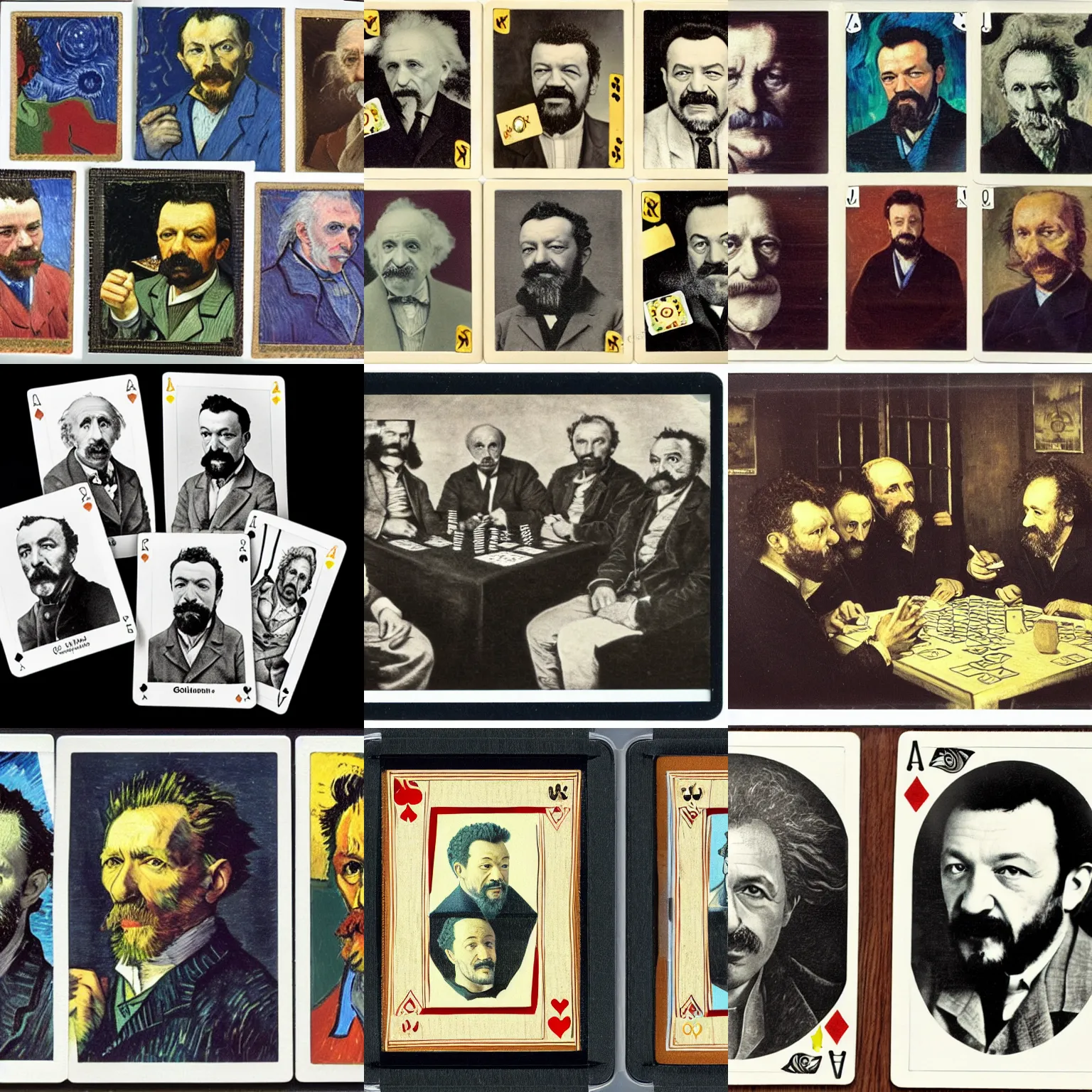 Prompt: Matteo Salvini, Einstein, Van gogh and Giulius Caesar playing cards. Same table. Group photo. White borders. Polaroid