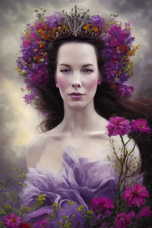 Image similar to closeup portrait fine art photo of the beauty catriona balfe, she has a crown of stunning flowers and dress of purple satin and gemstones, background full of stormy clouds, by peter mohrbacher