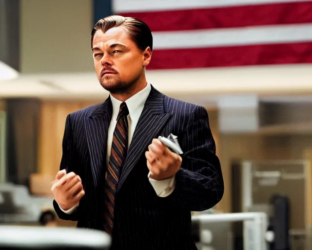 Prompt: leonardo dicaprio as the wolf of wall street, cinamtic, long shot, hyper detailed, 8 5 mm photograph, 8 k resolution, film still, sharp lens, wide lens