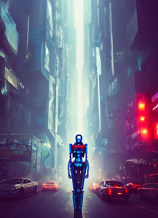 Image similar to cyberpunk,sci-fi, fantasy,Kodak Portra 400, 8K, soft light, volumetric lighting, highly detailed, britt marling style 3/4 ,portrait photo of a beautiful cyborg robot woman in a street of new york + face,night, fog, cyan lighting, intricate, elegant, highly detailed, digital painting, artstation, concept art, smooth, sharp focus, illustration,art by artgerm and greg rutkowski and alphonse mucha , sigma art 85mm F1.8