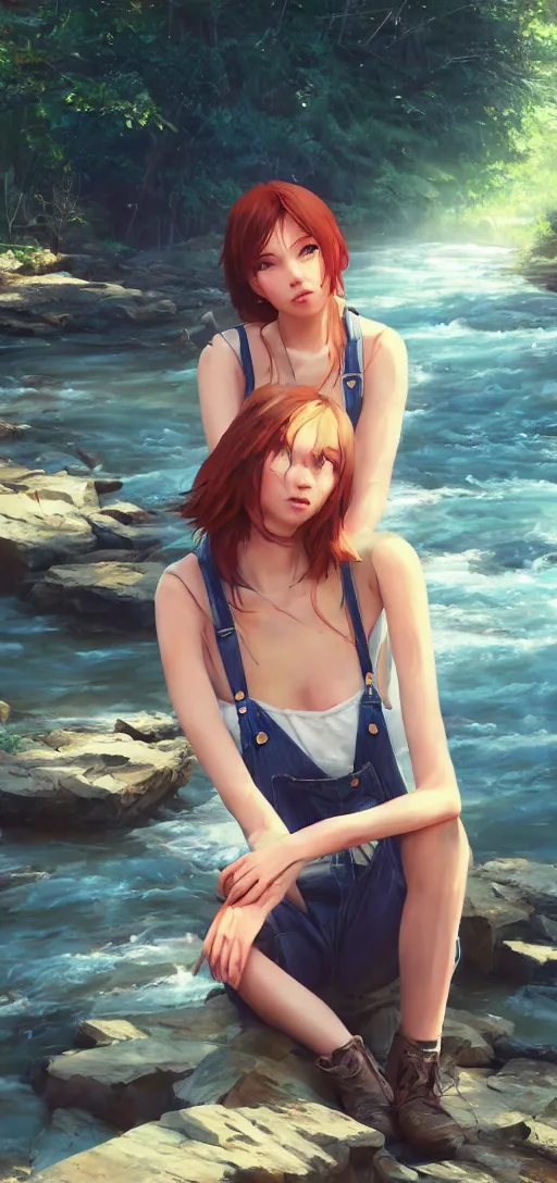 Image similar to southern ginger woman in ripped overalls sitting beside a river, airbrushed, hazy, gentle, soft lighting, wojtek fus, by makoto shinkai and ilya kuvshinov,