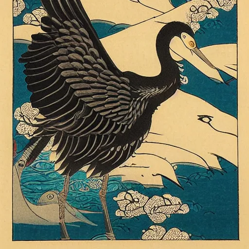 Prompt: 鶴 crane, in the style of hokusai, ukiyo-e