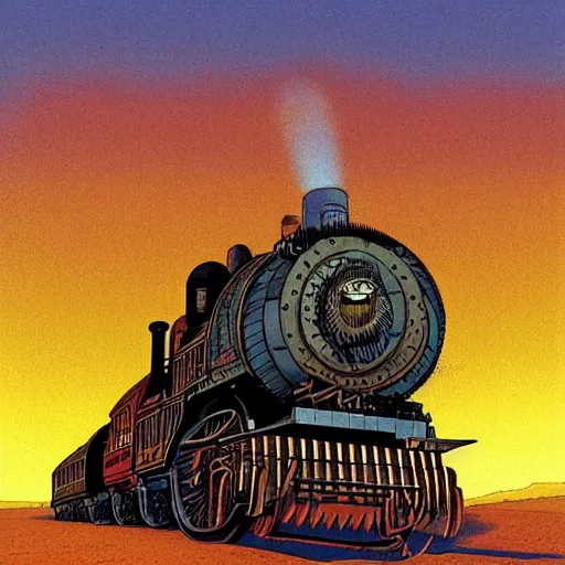 Image similar to weird west steampunk steam engine train railway into the sunset, illustration by moebius jean giraud