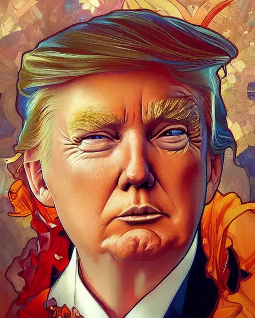 Image similar to smirky donald trump painted by artgerm and greg rutkowski and alphonse mucha. clear highly detailed face, beautiful sci fi art