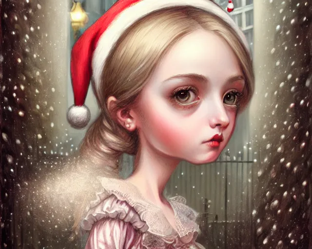 Image similar to closeup profile portrait of victorian london streets, nicoletta ceccoli, mark ryden, lostfish, max fleischer, hyper realistic, artstation, illustration, digital paint, matte paint, vivid colors, bright, cheerful, detailed and intricate christmas environment