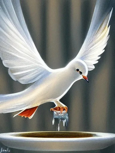 Prompt: a white dove holding a communion wafer inthe beak. a golden cup water fountain. intricate, elegant, highly detailed, digital painting, artstation, concept art, sharp focus, illustration, by justin gerard and artgerm, 8 k