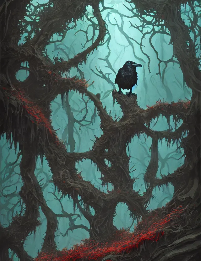 Prompt: raven god in the lichen woods. this gouache painting by the award - winning concept artist has an interesting color scheme, plenty of details and impeccable lighting.