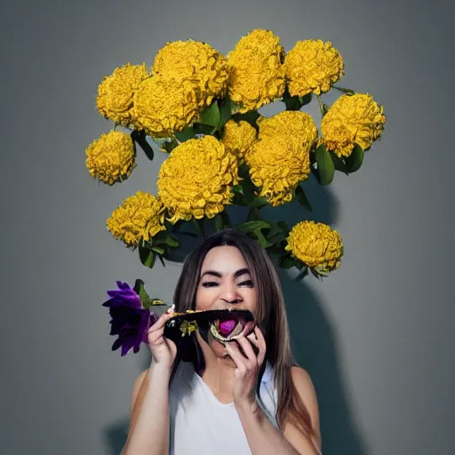 Prompt: pov shot photography of white yellow black cat, biting a flowers bouquet in her mouth next to a human standing wearing jeans and sneakers, large happy eyes, octane render, photorealistic, 8 k