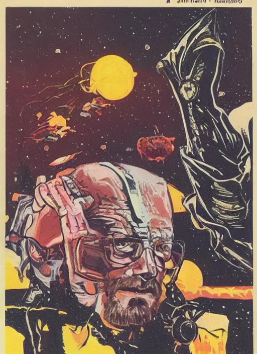 Image similar to Walter White as space wizard in retro science fiction cover by Stanisław Lem, vintage 1970 print