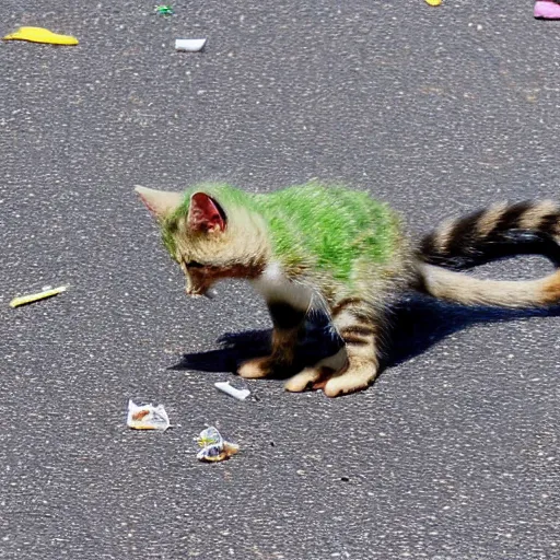 Prompt: kitten bird hybrid eating trash in the road