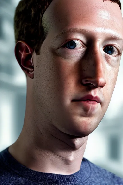 Image similar to photorealistic portrait photograph of mark zuckerberg looking at you with a serious somber expression, detroit become human, handsome, depth of field, soft focus, highly detailed, intricate, realistic, national geographic cover, soft glow, textured