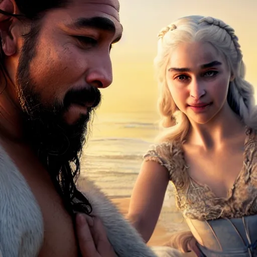 Image similar to beautiful serene intricate portrait of daenerys targaryen and khal drogo taking a selfie, smiling softly, relaxing on the beach, golden hour, soft focus, 8 k, art by irakli nadar, hyperrealism, hyperdetailed, ultra realistic