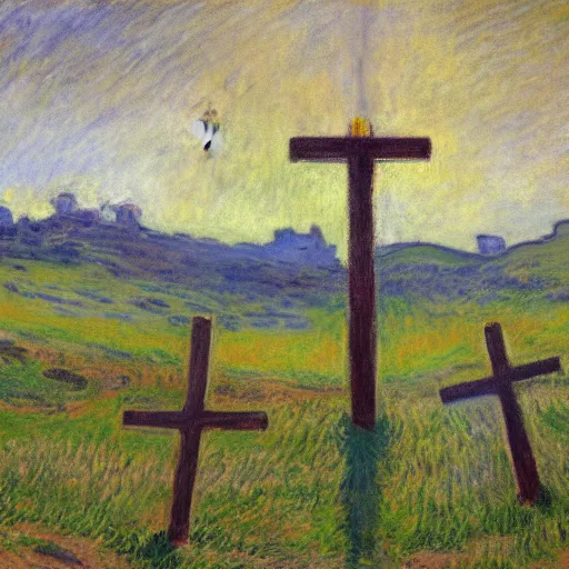 Prompt: painting of three empty 1st century crucifixion crosses on calvary hill, miraculous cloudy backdrop, by Monet, wallpaper, hd