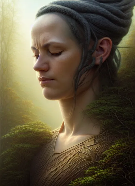 Image similar to closeup portrait shot of a meditation in nature in a scenic dystopian environment, intricate, elegant, highly detailed, centered, digital painting, artstation, concept art, smooth, sharp focus, illustration, artgerm, tomasz alen kopera, peter mohrbacher, donato giancola, joseph christian leyendecker, wlop, boris vallejo