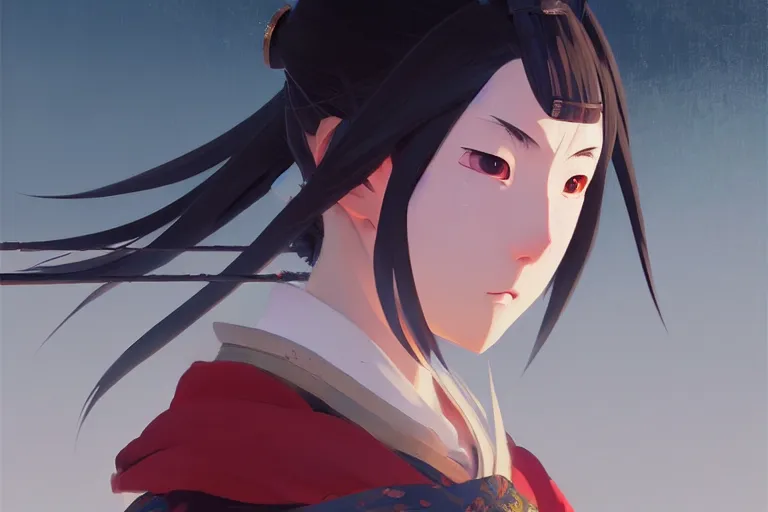 Image similar to baroque oil painting of anime key visual concept art of a samurai girl, very anime, stars vackground, trending on artstation, oil on canvas, style of makoto shinkai greg rutkowski studio ghibli