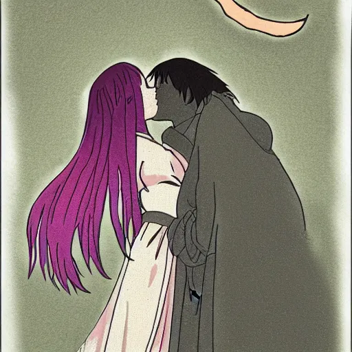 Image similar to ghibli style illustration of the personification of light and the personification of darkness kissing