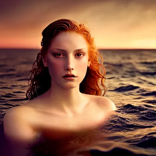 Image similar to photographic portrait of a stunningly beautiful siren renaissance female, in the water, in soft dreamy light at sunset, contemporary fashion shoot, by edward robert hughes, annie leibovitz and steve mccurry, david lazar, jimmy nelsson, extremely detailed, breathtaking, hyperrealistic, perfect face, octane render