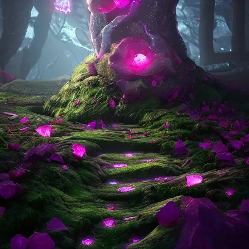 Prompt: one glowing crystalized in the dark rose forest with a rose path that has glowing ovules and lava crystallized ginger by blizzard style artstation trending, magical light fog, night time, low light, volumetric lighting, ue 4, zbrush, marmoset toolbag