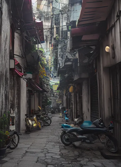 Image similar to hanoi alleyway, unreal engine 5, keyshot, octane, artstation trending, ultra high detail, ultra realistic, cinematic, 8 k, 1 6 k, in style of zaha hadid, in style of nanospace michael menzelincev, in style of lee souder, in style of photogrammetry cloud, in plastic, dark, tilt shift