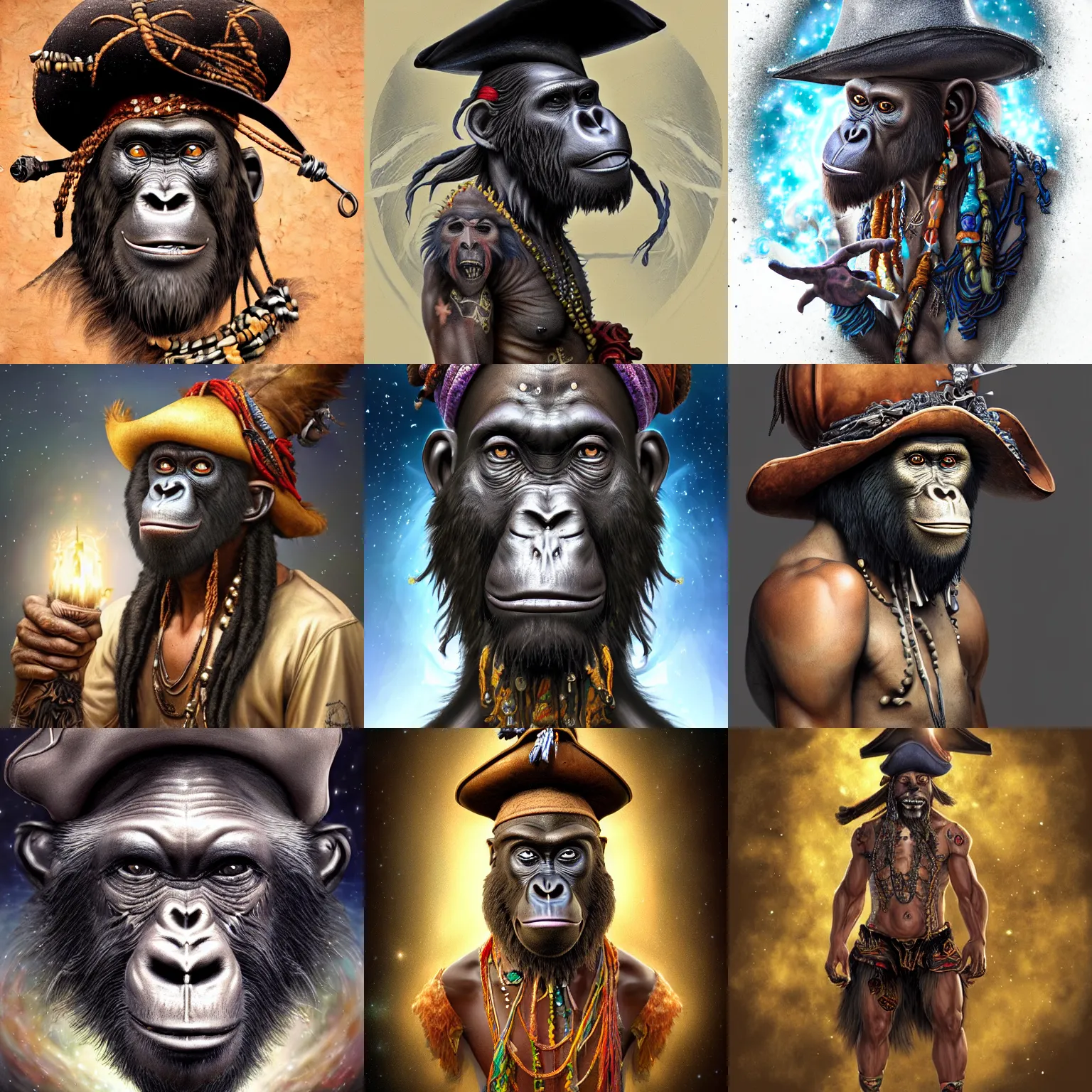 Prompt: a wlop 3 d render of very very very very highly detailed beautiful mystic portrait of a young voodoo ape pirate in a hat with whirling galaxy around, tattoos by anton pieck, intricate, extremely detailed, digital painting, artstation, concept art, smooth, sharp focus, illustration, intimidating lighting, incredible art,