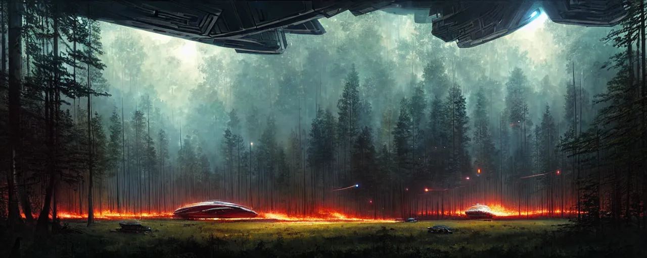 Prompt: a giant megastructure spaceship wrecked and lost in the forest, a small fire in the distance, powerful laser light and large sound system on the left side close to the camera, detailed digital art by greg rutkowski.