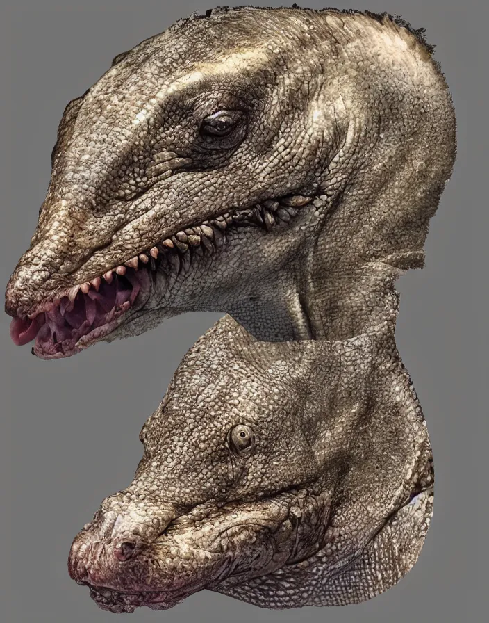 Prompt: portrait of muscular animal human merged head dolphin skin, solid background, scales skin dog, merged monkey head, hippo face morphed, gills, horse head animal merge, morphing dog head, animal eyes, merging crocodile head, anthropomorphic creature