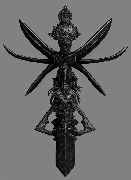 Image similar to a black great sword mini skull crest, orthographic, ornament, weapon, a 3 d render by dom qwek, front side full, trending on polycount, artstation, hard surface modeling, rendered in maya, zbrush, blender, hd, vray, berserk, symmetry