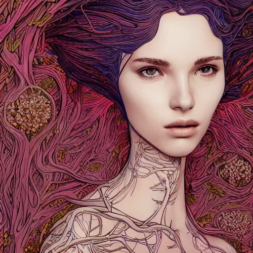 Image similar to the head of an unbelievably elegant and beautiful woman partially made of potatoes roots and violets, an ultrafine detailed illustration by james jean, final fantasy, intricate linework, bright colors, behance contest winner, vanitas, angular, altermodern, unreal engine 5 highly rendered, global illumination, radiant light, detailed and intricate environment