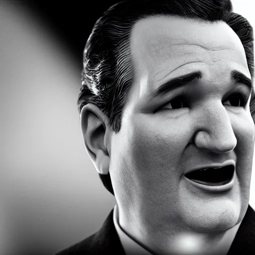 Image similar to Ted Cruz jumpscare, black and white, creepy lighting, scary, horror, ornate, eerie, fear, videogame screenshot