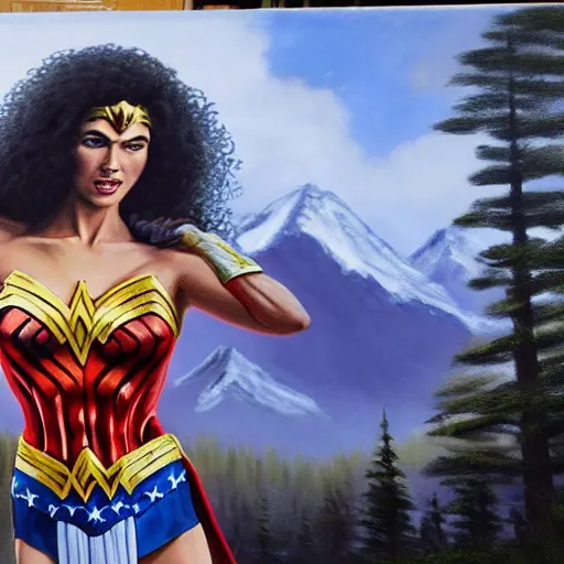 Image similar to a closeup photorealistic photograph of bob ross working on a canvas painting of wonder woman. film still. brightly lit scene. mountains and trees. this 4 k hd image is trending on artstation, featured on behance, well - rendered, extra crisp, features intricate detail, epic composition and the style of unreal engine.