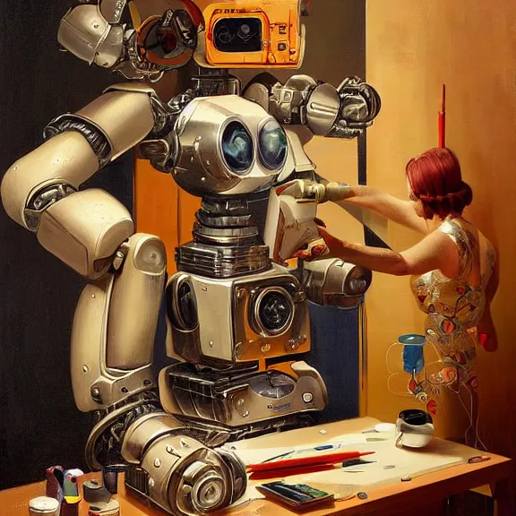 Image similar to robot artist painting a self - portrait on a canvas. intricate, highly detailed, photorealistic, film still, by alexandros pyromallis, gil elvgren, sachin teng.
