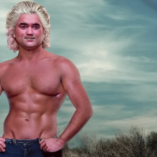 Prompt: geer wilders as adonis, shirtless, sexy eyes, with pink clouds in the background, realistic