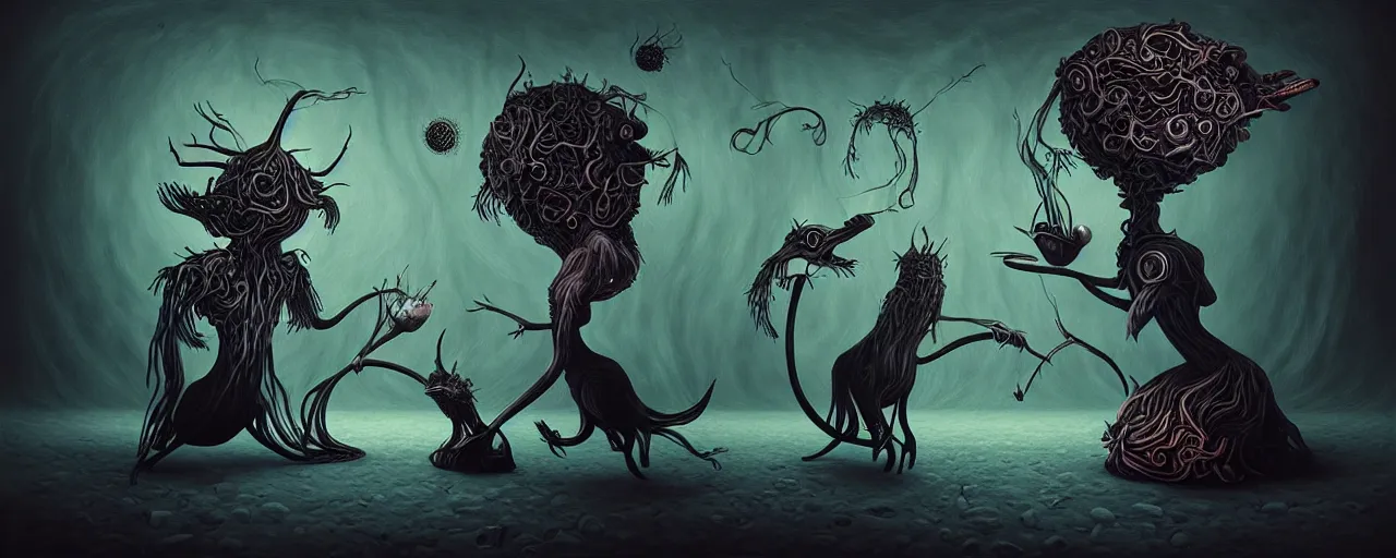 Image similar to whimsical alchemical creatures, surreal dark uncanny painting by ronny khalil