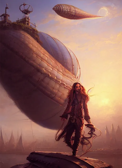 Image similar to portrait painting of a handsome rugged long hair crimson hair male pirate, soft hair steampunk ornate zeppelin blimp airship in the background sky sunset golden hour art by raphael lacoste and stephan martiniere greg rutkowski gaston bussiere fantasy soft hair trending on artstation deviantart book cover art concept art key art dramatic volumetric lighting, 4 k, award winning