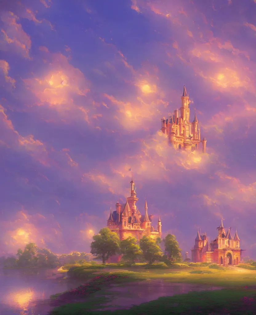 Prompt: beautiful a digital painting of chateau in a serene landscape, romantic, disney, by makoto shinkai, beeble, thomas kinkade, and james gilleard, beautiful matte painting, heavenly lighting, retrowave, 4 k hd wallpaper