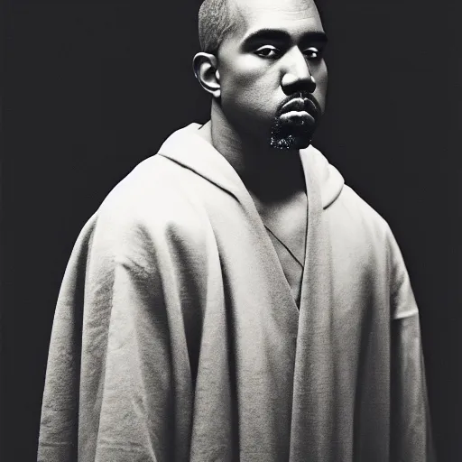 Image similar to a chiaroscuro lighting portrait of kanye west dressed as rick owens, black background, portrait by julia margaret cameron, shallow depth of field, 8 0 mm, f 1. 8