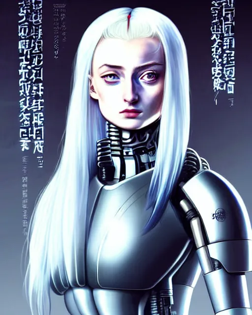 Prompt: white haired cyborg sophie turner wears xenomorph gas mask, fine detail!! anime!! realistic shaded lighting!! poster by ilya kuvshinov katsuhiro otomo ghost in the shell, rutkowski giger villeneuve artgerm garmash and rob rey