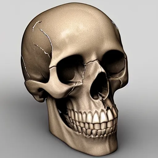 Image similar to real human skull with circular electronic eyes, emitting orange light