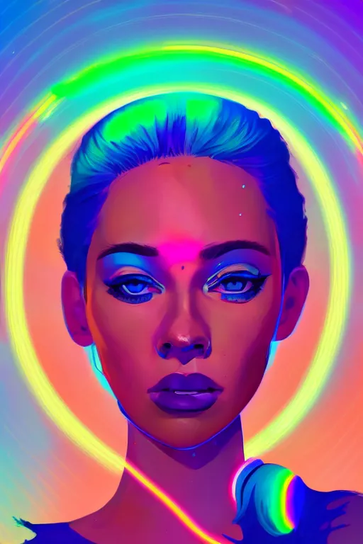 Image similar to a award winning portrait of a beautiful woman with stunning eyes in a one off shoulder croptop and cargo pants with rainbow colored hair, outlined by whirling illuminated neon lines and fine lines swirling in circles by james gilleard, digital art, trending on artstation