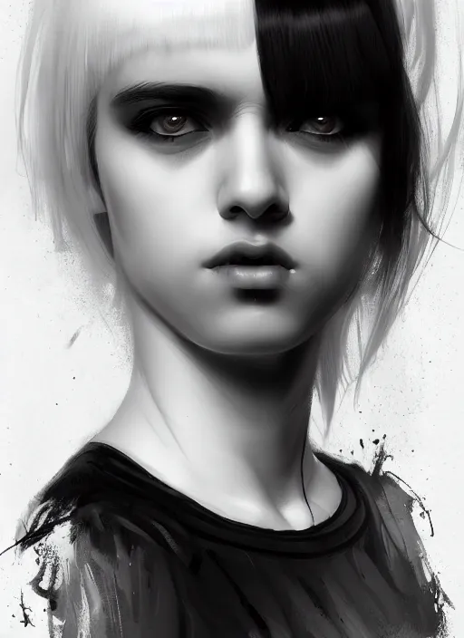 Image similar to portrait of white teenage girl, normal face, white bangs, mall goth, cyberlox, black and white hair, bangs, fluffy bangs, intricate, elegant, highly detailed, digital painting, artstation, concept art, sharp focus, smooth, illustration, art by wlop, mars ravelo and greg rutkowski