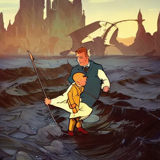 Prompt: Tintin and Haddock goes into an adventure. Elegant, intricate, digital painting, artstation, concept art, smooth, sharp focus, illustration, art by artgerm and greg rutkowski and alphonse mucha