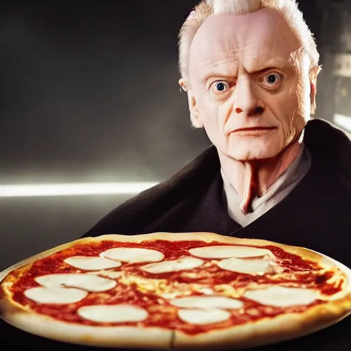 Image similar to A still of Ian McDiarmid as Palpatine making a pizza, 4k, photograph, ultra realistic, highly detailed, professional lighting