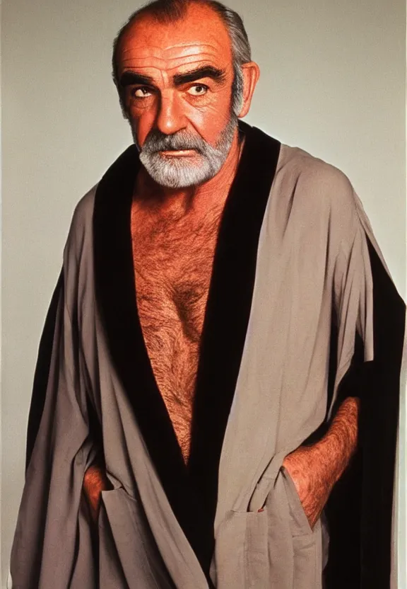 Image similar to The full figure studio portrait is of the actor sean connery. His skin is pale and wrinkled, his eyes are red rimmed and sunken. He is wearing the robes of the imperial emperor from star wars above the red leather mankini from the film zardoz and He has a thick black moustache and a long plait of hair. by Mark Mann and Steve McCurry. Nikon D850. Sigma 85mm F1.4 DG HSM A. Aperture f/3.5. Shutter speed 1/60. ISO 1600