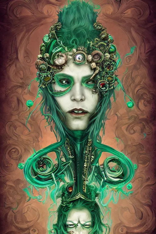 Prompt: rococo upper body portrait sigil with the intent of conquering the world lovecraftian undead zombie queen, green hair, bytian zi and wlop and alphonse mucha biomechanical illuminated text ornaments and gems hdr 8 k 3 d dslr hdr trending on artstation rendered with cryengine