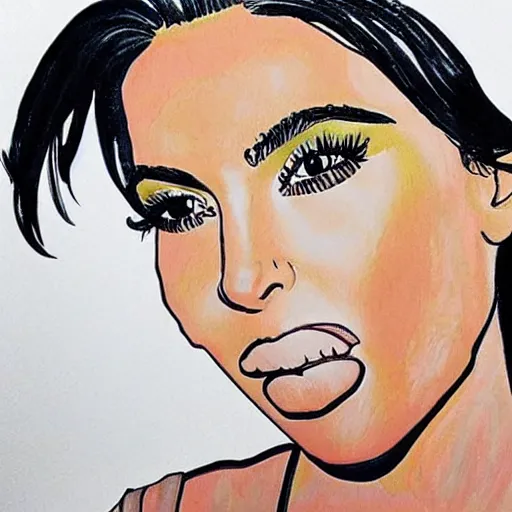 Image similar to Kim Kardashian coloring book picture, half-colored with wax crayon