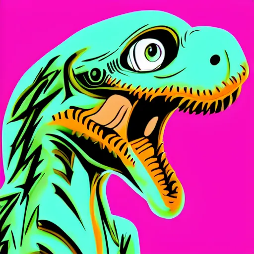 Prompt: velociraptor wearing headphone, synthwave style