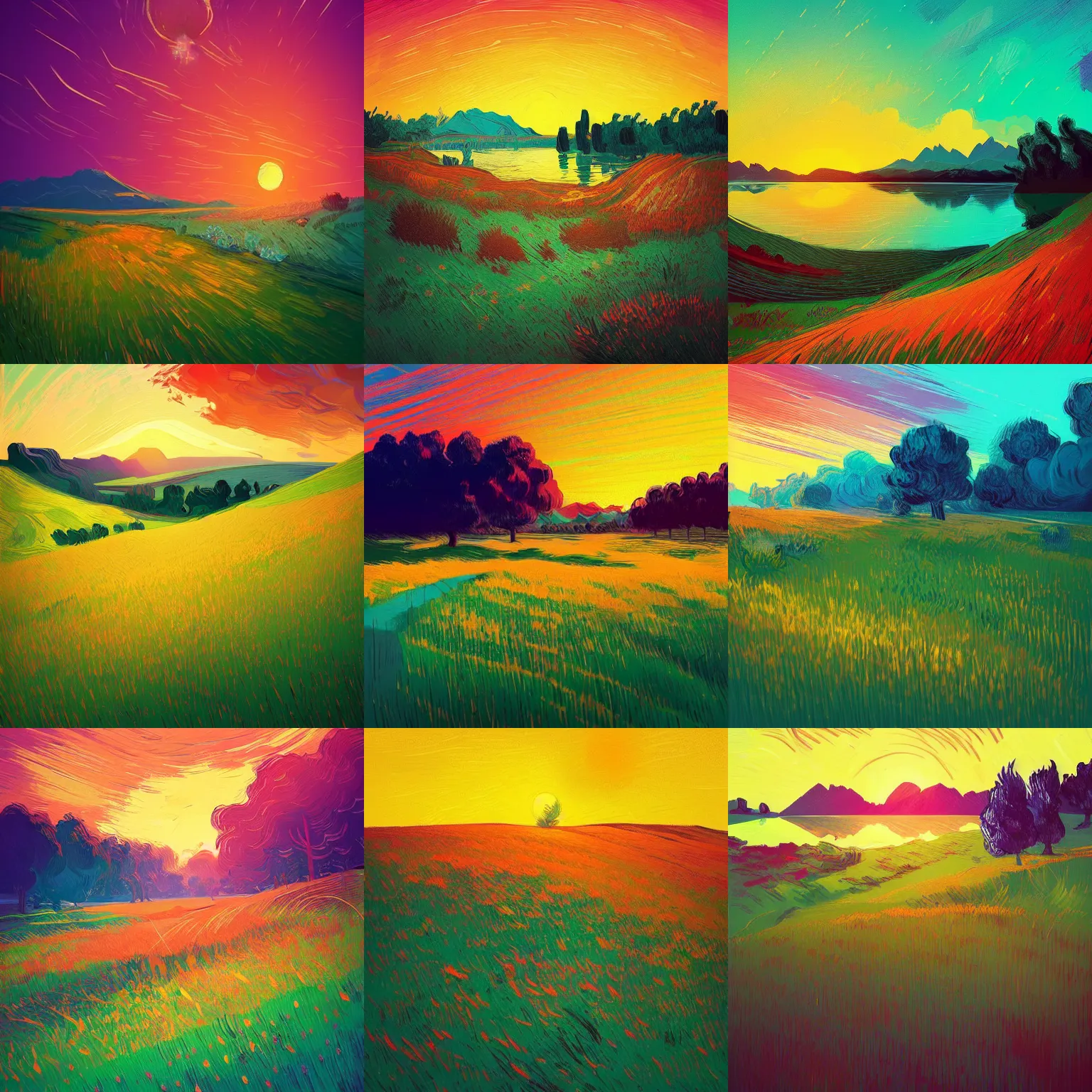 Prompt: a beautiful grassy meadow at sunset, lake, by anton fadeev, alena aenami, vincent van gogh!!!, digital art, concept art, vibrant, colorful, trending on artstation