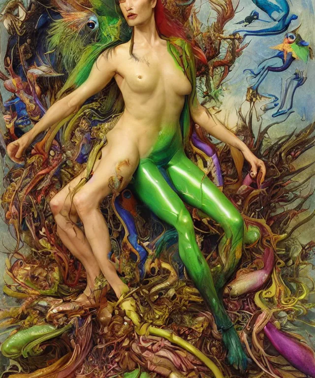 Prompt: a portrait photograph of a colorful alien harpy succubus with amphibian skin and bird claws. she looks like emily blunt and is being wrapped in a colorful slimy organic membrane catsuit. by donato giancola, hans holbein, walton ford, gaston bussiere, peter mohrbacher and brian froud. 8 k, cgsociety, fashion editorial