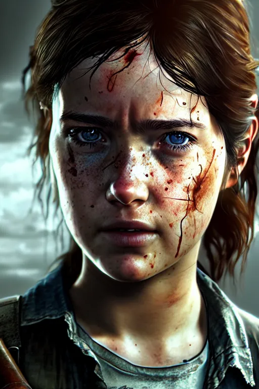 Image similar to ultra realistic facial portrait of ellie from the last of us part 2, digital art, character portrait, highly detailed, trending on artstation, lens flare, atmosphere, hyper realistic, cinematic lightning, sharp focus, unreal engine 5, extreme details perfect face, pretty face, fine - face, illustration, 8 k, ultra texture, masterpiece