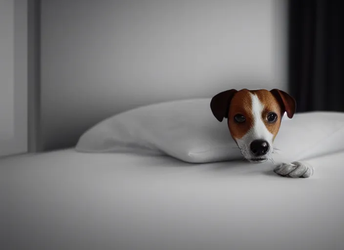 Image similar to photography of a Jack Russel . watching outside the window. on a bed. in a white room. octane render,volumetric light, volumetric fog, photorealistic,, award winning photo, 100mm, sharp, cloth, high res